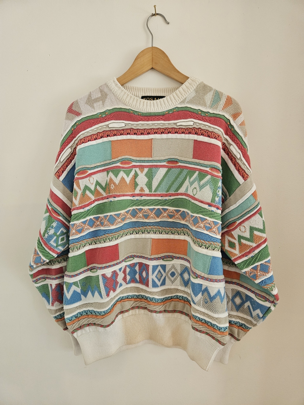 Vintage Tosani 3D Knit Sweater Mens Large Colorful Patterned 90s Coogi Style